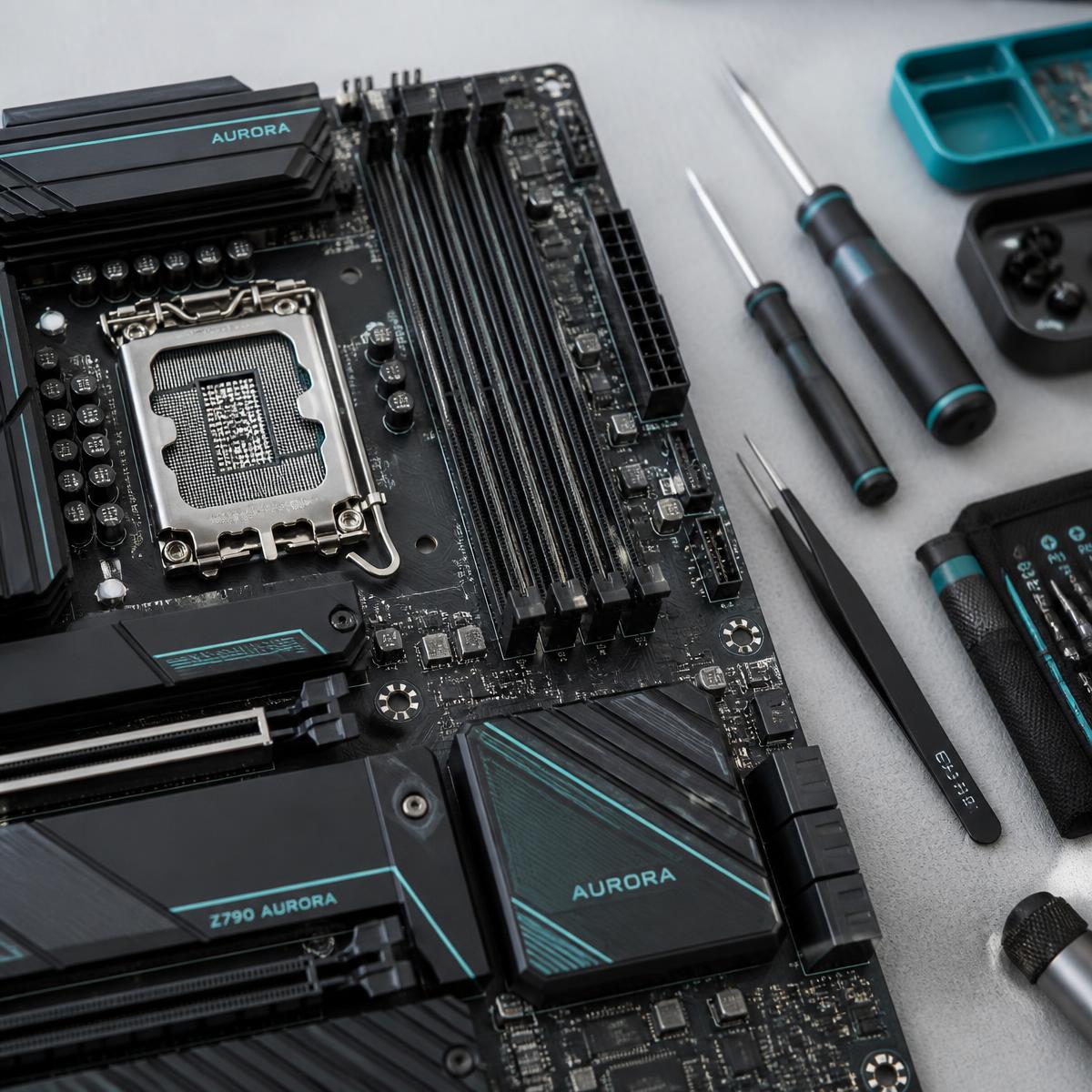 Macro view of a motherboard beside precision repair tools